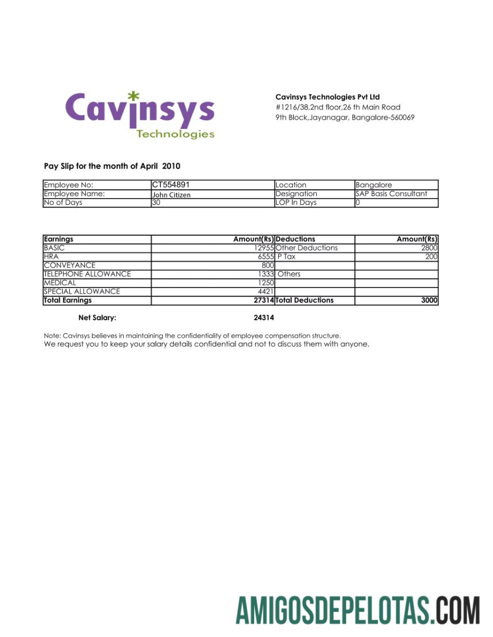 ÍNDIA CAVINSYS Technologies Pvt Ltd Recibo de pagamento em formatos Word e PDF exemplo real